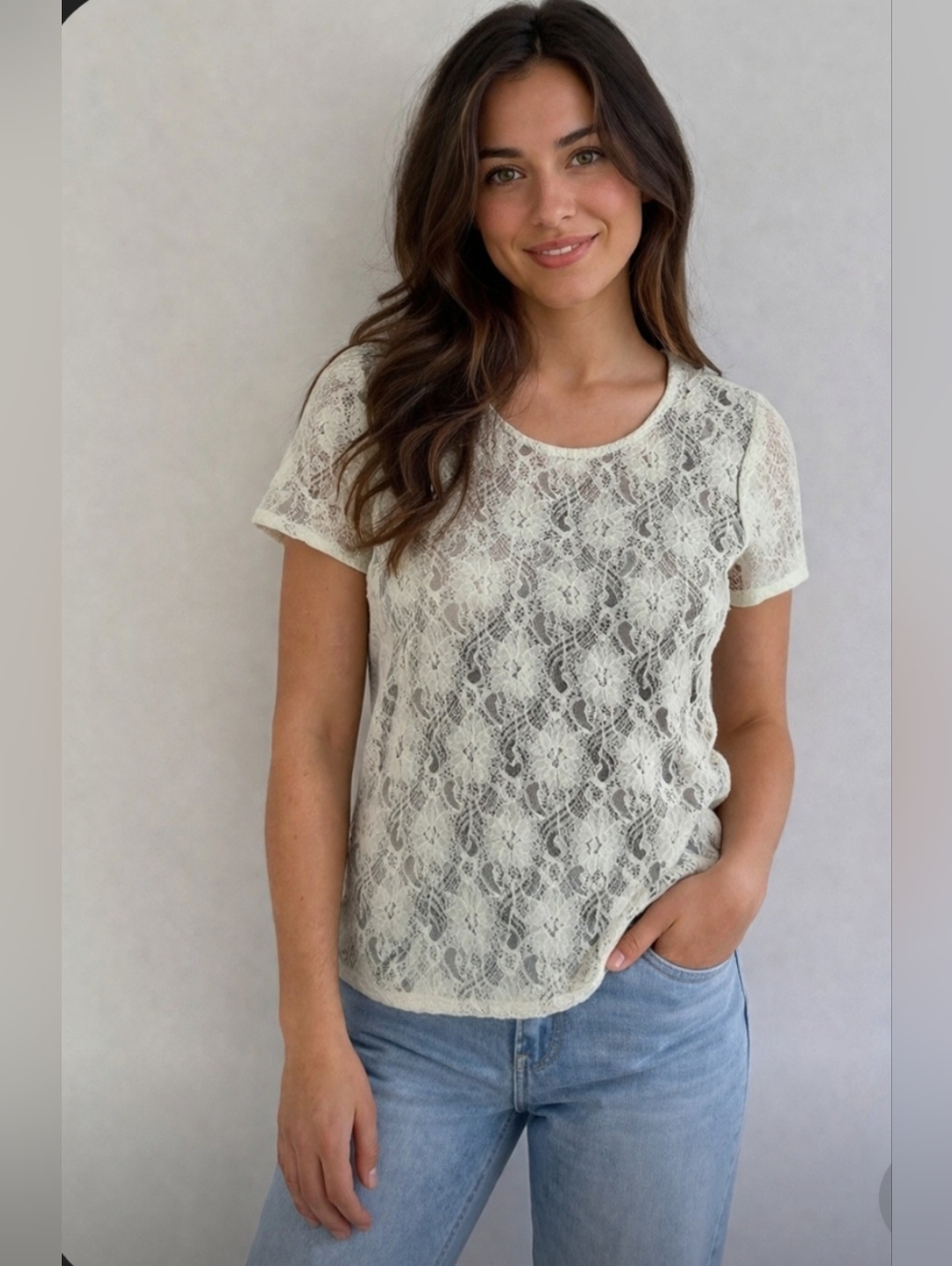 Banana Republic Ivory Lace Overlay Navy Blue Short Sleeve Blouse NWT Large